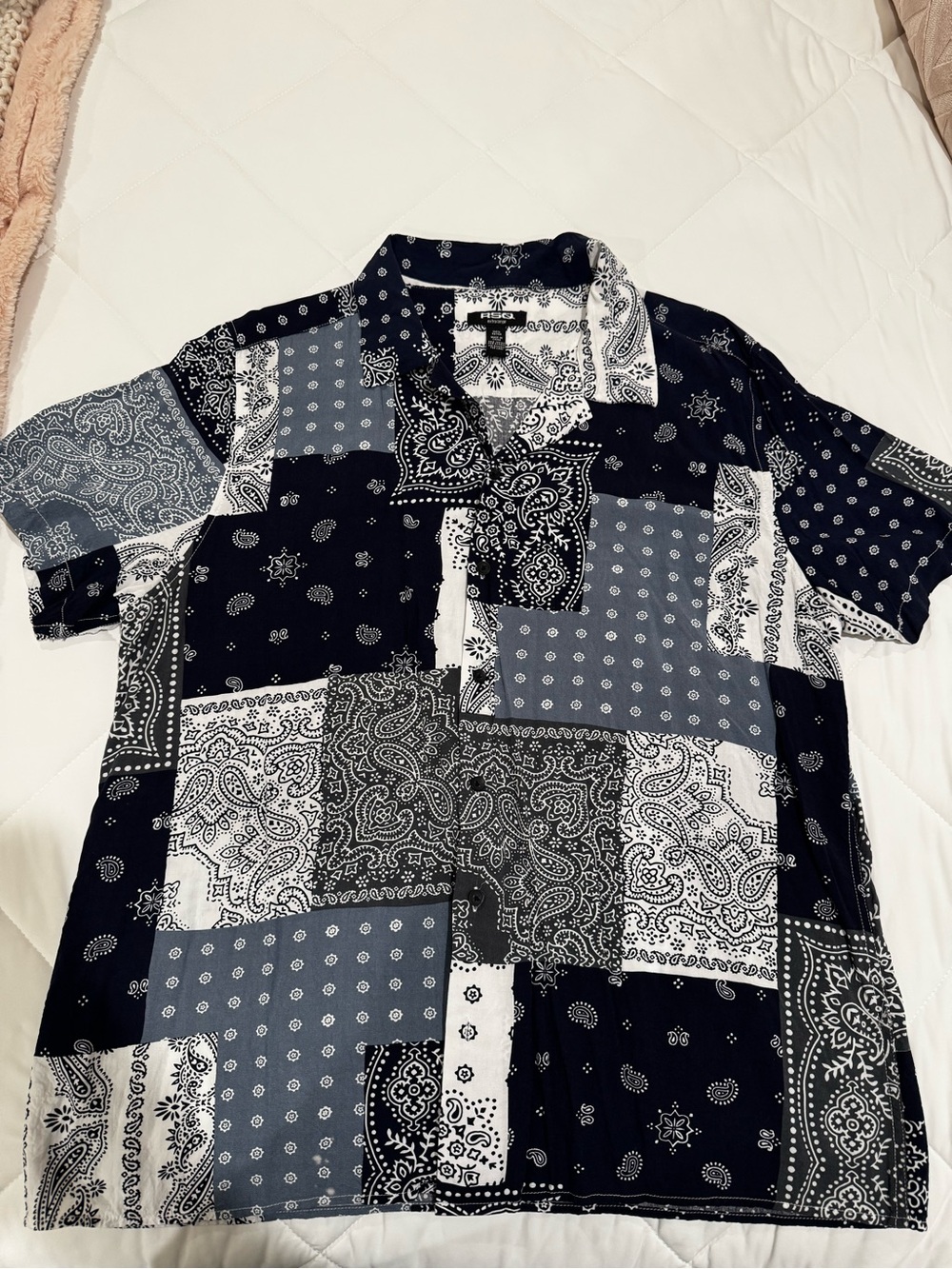 RSQ Navy & White Patchwork Bandana Print Short Sleeve Shirt
